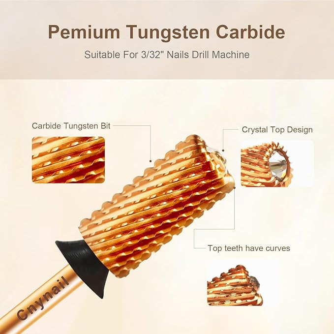 3/32" Large Barrel Crystal Top Tungsten Carbide Nail Drill Bit Safety Bit for Gel & Acrylic Removal, 2-Way Rotating Efile Tip, Salon Electric File Accessory (XC Grit, Ti-Gold)
