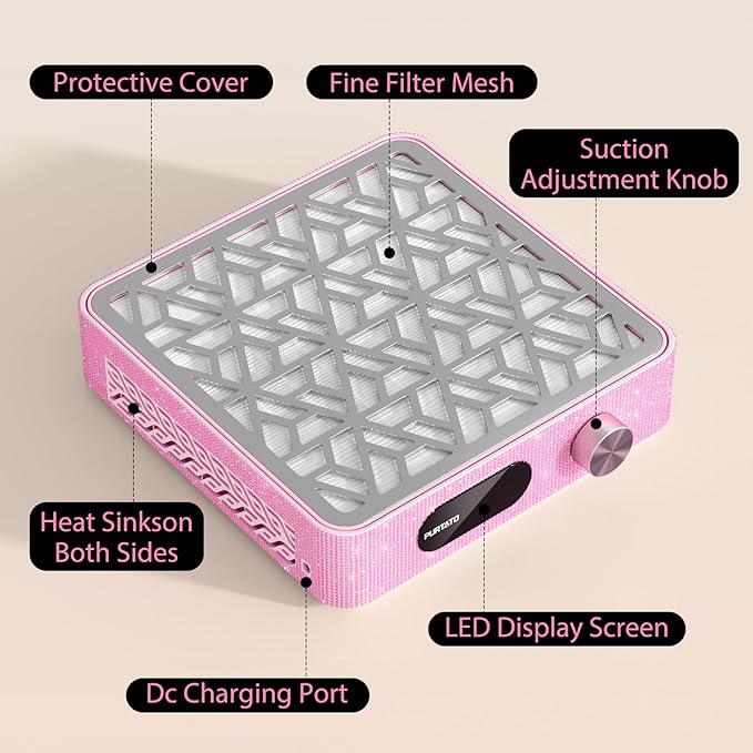 Nail Dust Collector, Powerful Vacuum Fan Vent Dust Collector Extractor Dust Suction Machine for Acrylic Nails Polishing, Nail Salon,Pink Diamond