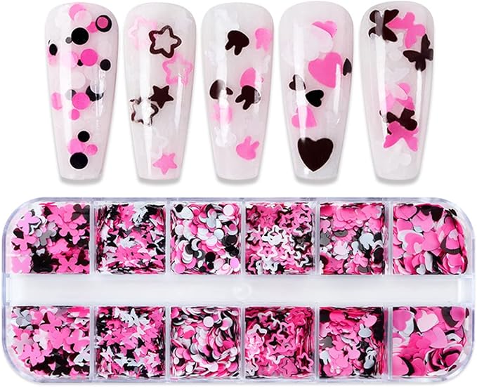 Nail Art Glitter Flakes 12 Grids Nail Sequins Love Heart Butterfly Stars Round Rabbit Nail Supplies Mixed 3 Colors Glitter Nail Charms Designs DIY Nail Decorations Nail Art Accessories for Women Girls