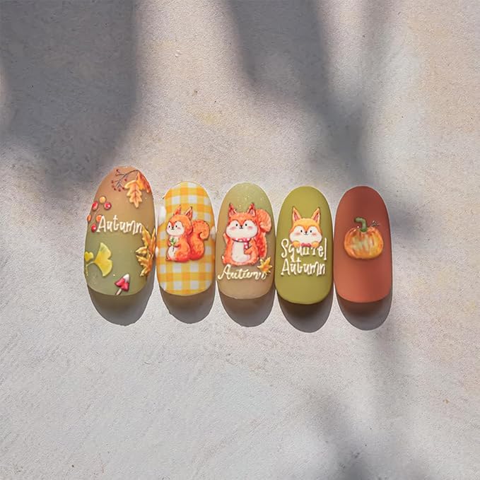 Fall Nail Stickers 5D Embossed Maple Leaf Pumpkin Squirrel Nail Decals Fall Leaves Nails Design Thanksgiving Day Nail Art Stickers Self-Adhesive Maple Leaves Sticker for Women DIY Manicure Decor 1Pcs
