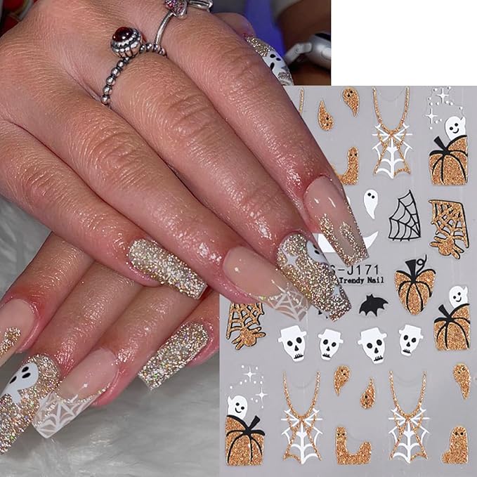 6 Sheets Silver Pumpkin Nail Art Stickers Halloween Nail Stickers Glitter Spider Web Nail Decals Bat French Tips Water Drop Gold Design Shine Sticker for Nail DIY Manicure Supplies for Women