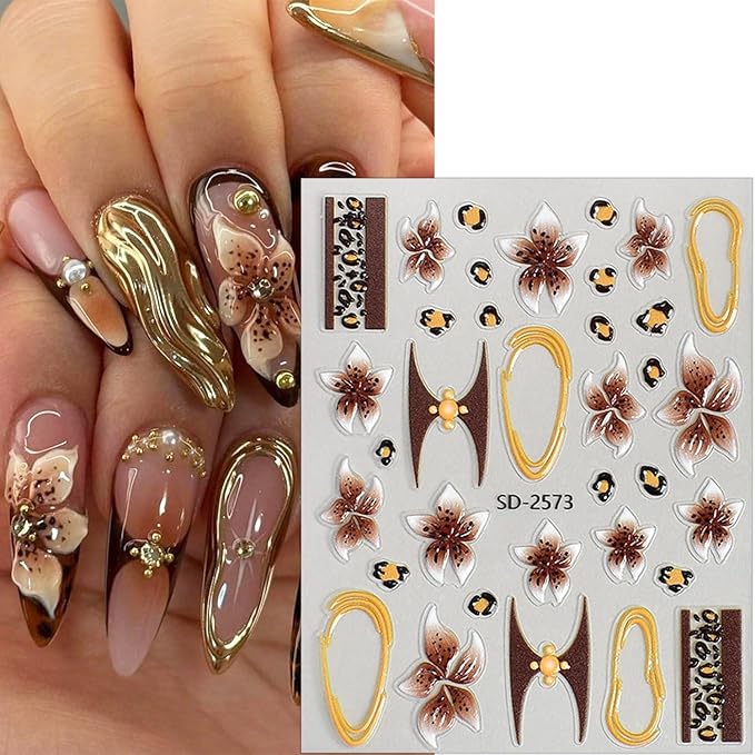 3 Sheets Flower Nail Stickers for Nail Art 5D Self-Adhesive Embossed Cute Floral Nail Art Stickers Leopard Nail Decals Summer Fall Flowers Nail Design Sticker for Women Nails Decoration