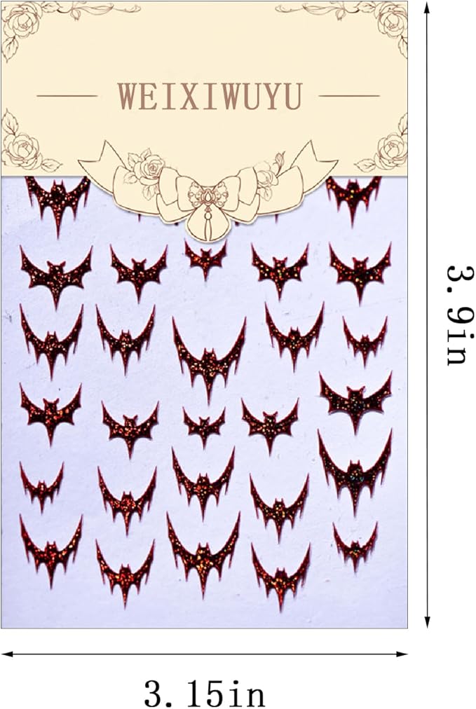Halloween Nail Art Stickers 3D Self-Adhesive Red Glitter Bat Nail Stickers with Glitter Bloody Bats Nail Decals Horror Design Sticker for Women Manicure Decoration Cardboard Set 1 Sheets