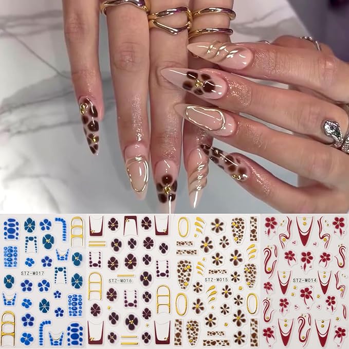4Pcs Flower Nail Stickers for Nail Art - French Nail Art Stickers Autumn Winter Wine Red Brown Blue Floral Leopard Print Pattern 3D Self-Adhesive Nails Sliders Flowers Sticker for Nails Decoration