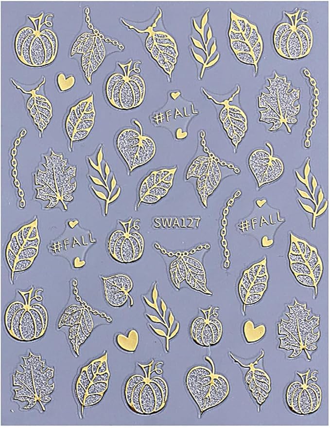 Fall Nail Art Stickers, Gold Maple Leaves Nail Decals 3D Self-Adhesive with Pumpkin Maple Leavers Design Gold Fall Nails Stickers 6Pcs Glitter Nail Art Supplies for Women Nail Decoration