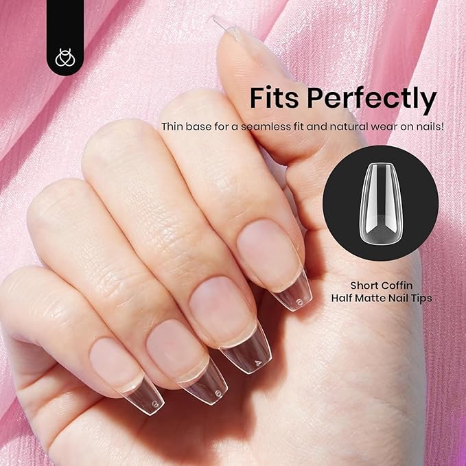 Beetles Gel Nail Tips Short Coffin Pre-Etched Nail Tips, 12 Sizes 288 Pcs Full Cover Soft Tips Half Matte False Nails Clear Acrylic Glue on Nails Extension DIY Manicure Gifts for Women