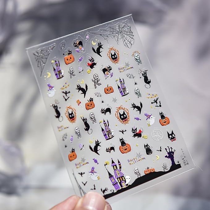 1 Sheets Embossed Halloween Nail Stickers for Nail Art Cute Pumpkin Black Cat Nail Decals Self-Adhesive Horror Ghost Skeleton Nail Art Stickers 5D Spider Web Nail Design Decals for Women