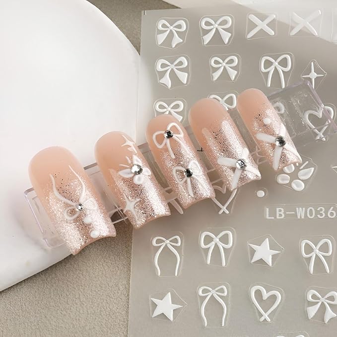 Bows Nail Art Stickers Heart Nail Decals Pink White Red Nail Stickers Bow Tie with Design Nail Decals for Nails Art Valentine's Day Manicure DIY for Women Girls Acrylic Nails Supplies