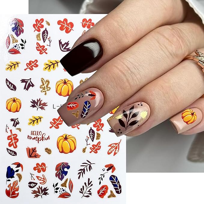 Fall Nail Stickers Maple Leaves Nail Decals Self Adhesive Nail Art Stickers Orange Fallen Leaves Pumpkin Bronzing Design Glitter Thanksgiving Nails Sticker for Nails Art for Women Decor Manicure