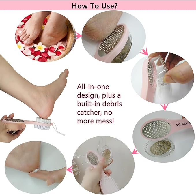 Foot File Callus Remover 5-in-1, Feet Scraper Pedicure Tools with Pumice Stone, Foot Scrubber Brush, Stainless Steel Foot Rasp and Sand Paper Debris Catcher, Multi Purpose for Home Foot Care