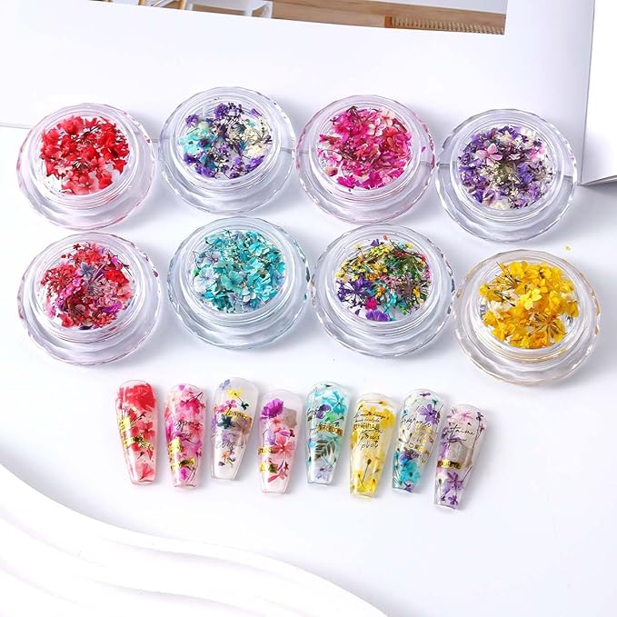 8 Boxs Dried Gypsophila Flowers Nail Art Decoration Mixed Mini Hydrangea Floral Petals Charms Plant Jewelry Accessories for DIY Crafting Nail Design Supplies (Multi-Color)
