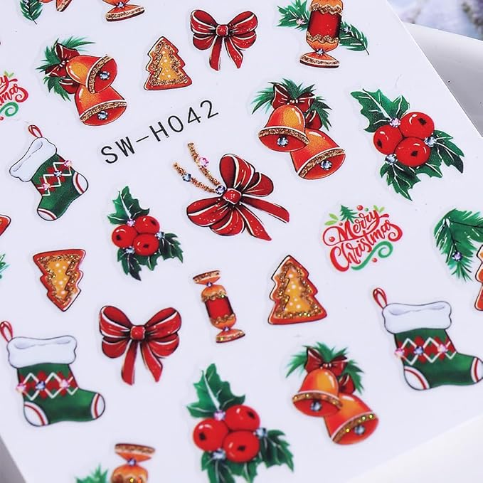 6Pcs Christmas Nail Stickers Red Bow Socks Little Bell Fruit Nail Decals DIY Self Adhesive Santa Claus Gold Tree Fireworks Design Nail Decoration Supplies Holiday Manicure Accessories for Women Girls