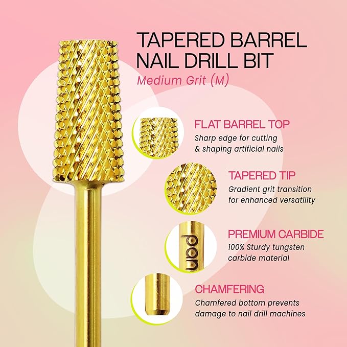PANA Tapered Barrel Carbide 3/32" Shank Size - (Gold, Medium Grit) - Fast remove Acrylic or Hard Gel Nail Drill Bit for Manicure Pedicure Salon Professional or Beginner