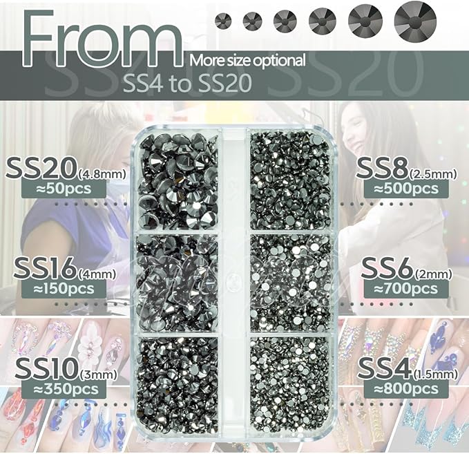 2550pcs Black Nail Art Flatback Rhinestones Charms for Face Makeup Metallic Black Nail Gems Gemstones K9 Glass SS4~SS20 6 Sizes Mine Black Diamonds Stones Crystals for Nails DIY Crafts Tumblers