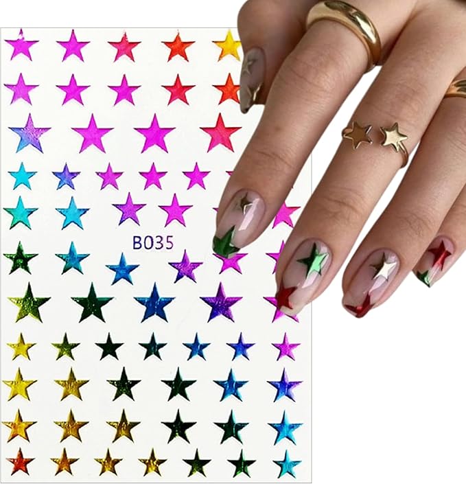8 Sheets Glitter Stars Nail Art Stickers 3D Self Adhesive Shiny Glitters Starlight Nail Decals Holographic Black White Gold and Silver Pentagram Design Decal for Woman DIY Manicure Decoration