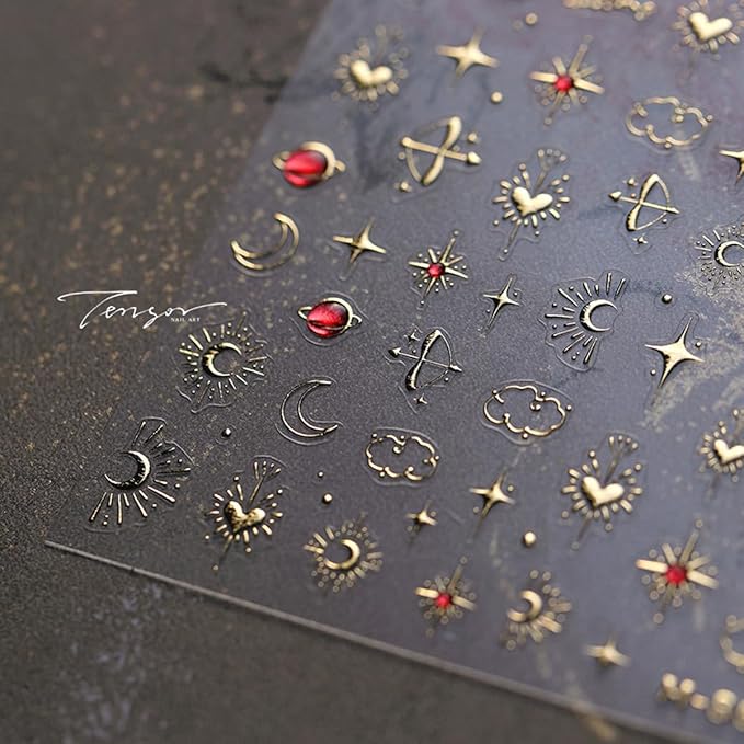 Star Moon Nail Art Stickers Golden 5D Embossed Jelly Nail Decals 1PCS Gold Bronzing Star Moon Planet Luxury Nails Design Self-Adhesive Manicure Slider Accessories for Women DIY Nail Art Decorations