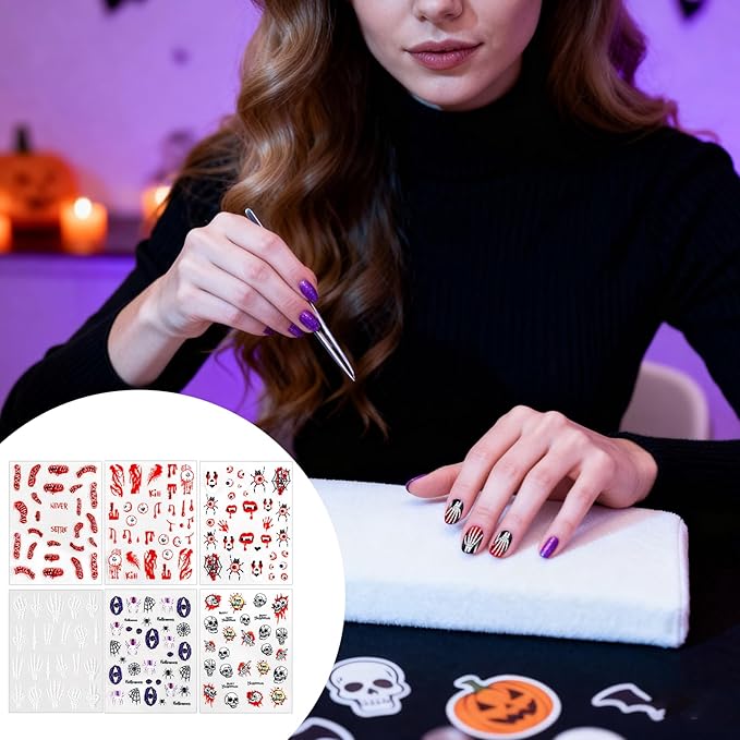 Allstarry Halloween Nails Stickers, 6 Sheets Halloween Nail Decals 5D Embossed Bone Skeleton Skull Spider Ghostface Ghost Nail Stickers Spooky Horror Nails Decals for Women Gifts Nail Art