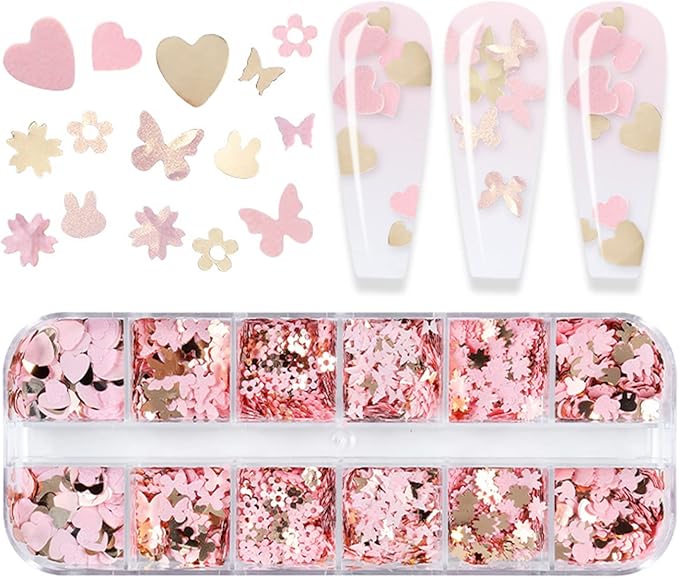 Nail Art Glitter Flakes, Mixed Love Heart Butterfly Flowers Leaf Rabbit Nail Sequins Designs, 3D Glitter Acrylic Nails Supplies for Women Girls Manicure Sparkly Decorations, DIY Resin Nail Art Tips