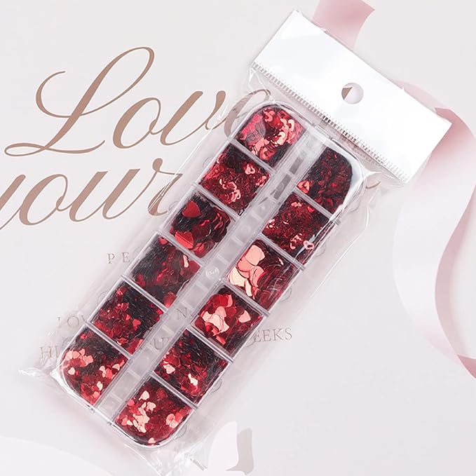 Love Heart Nail Art Glitter Sequins, 3D Laser Red Glitters Flakes Decor, Heart Nail Art Design Supplies for Women Manicure Decorations