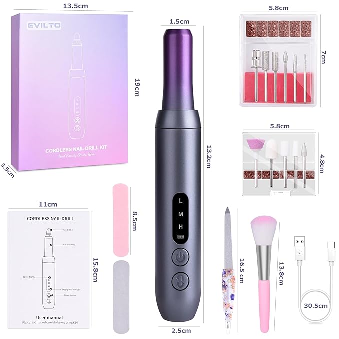 Electric Nail Files Cordless, Professional Nail Drill LCD Display With 12 Bits 30000RPM Rechargeable Manicure Pedicure EFile For Gel Nail Polish Acrylic Nails Thick Toenails Removal,Grey purple