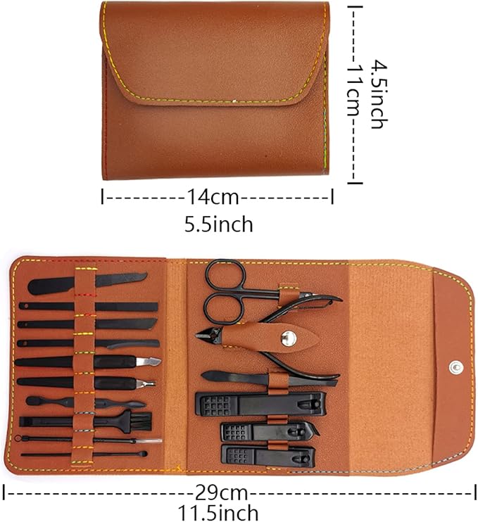 Nail Clipper Set, 16PCS Manicure Set Fingernail Clippers Kit Black Stainless Steel Pedicure and Manicure Kit with Brown PU Leather Case