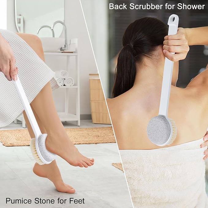 2 Pcs Pumice Stone for Feet and Body Brush with Long Handle, Hard Skin Callus Remover, 2 in 1 Foot Scrubber, Back Scrubber for Shower Deep Cleansing and Exfoliating (Straight)