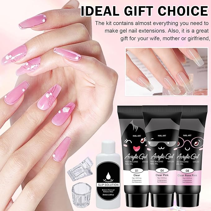 Poly Nail Gel Kit,10PCS Clear Poly Gel Nail Kit for Beginners with Everything,Nail Extension Kit with Slip Solution for Nail Art DIY - Set D(Clear)