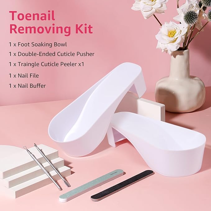 Toe Nail Soaking Bowl Acetone Proof: 1Pair Soak Off Dip Powder Gel Polish Remover - Manicure Bowl for Toenails Soaking with Cuticle Pusher, Cuticle Peeler, Nail File Buffer (White)