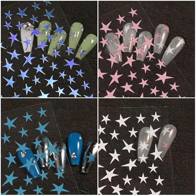 7 Sheets Star Nail Art Stickers - Gold, Silver, White, Black 3D Self-Adhesive Decals for Manicure Decorations - Nail Designs and Supplies for Women