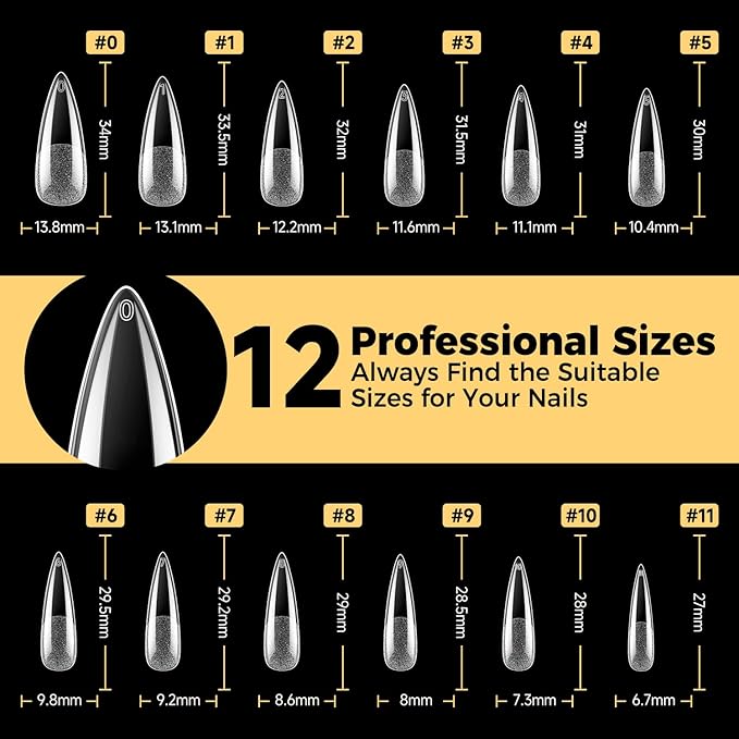 UNA GELLA Halloween Long Stiletto Gel Nail Tips, 600Pcs Pre Etched Long Stiletto Almond Nail Tips Clear Fake Nails Press on Nails No C Curve for DIY Art Salon at Home 12 Sizes