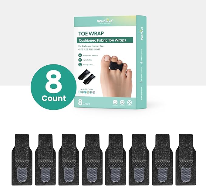 Welnove Hammer Toe Straightener - 8 Pack Broken Toe Wraps - Hammer Toe Corrector for Women - Toe Splints for Crooked Toes, Curled Toes, Bent Toes - (Large, Black)