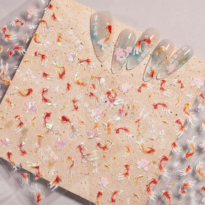 3 Sheets Goldfish Nail Art Stickers, 5D Embossed Cute Fish Nail Decals Self-Adhesive Chinese Style Nail Art Accessories for Women DIY Nail Decorations