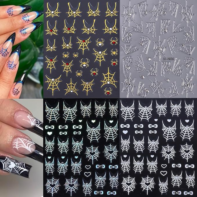 4 Sheets 5D Embossed Halloween Nail Stickers for Nail Art Self-Adhesive Ghost Spider Web Spider Nail Decals Laser Gold Silver Rhinestones Nail Designs Stickers Holiday Nails Supplies for Women DIY