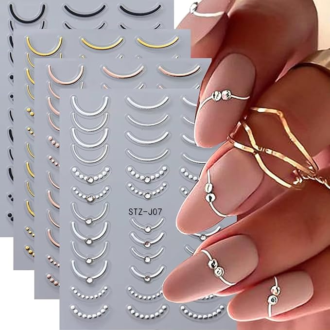 4 Sheets French Tip Nail Art Stickers Luxury Crystal Rhinestones with Stripe Lines French Gold Silver Rose Black Design 3D Nail Supplies for Women Girls DIY Manicure Art Accessories Metallic Set