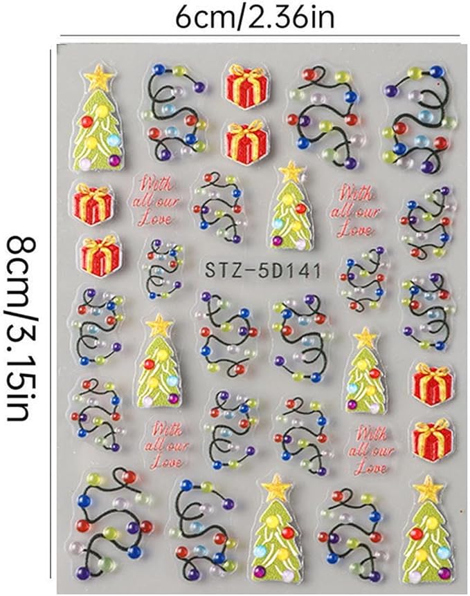 2pcs Christmas Nail Art Stickers 5D Embossed Colorful Christmas Light Strips & Green Christmas Tree Design Nail Adhesive Stickers Xmas Nail Decals Red Gift Sticker for Women DIY Manicure Decor Tips
