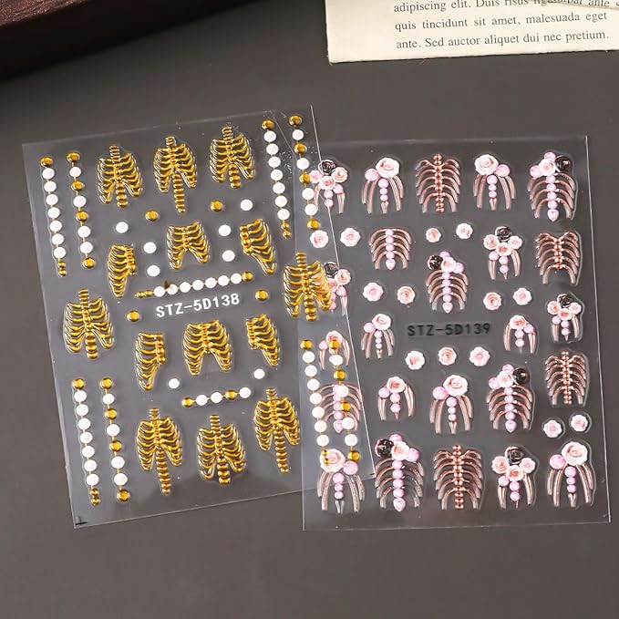 6Pcs Halloween Nail Stickers for Nail Art, 5D Embossed Skeleton Decals Self-Adhesive Nails Supplies Rose Gold White Bone Skeleton Designs Goth Nail Stickers for DIY Manicure Decor