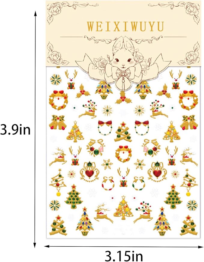 1 Sheets Shining Christmas Nail Art Stickers 5D Embossed Christmas Tree Nail Stickers Wreath Christmas Elements with Rhinestones Nail Decals Acrylic Nail Supplies for Women Girls DIY Nail Salons