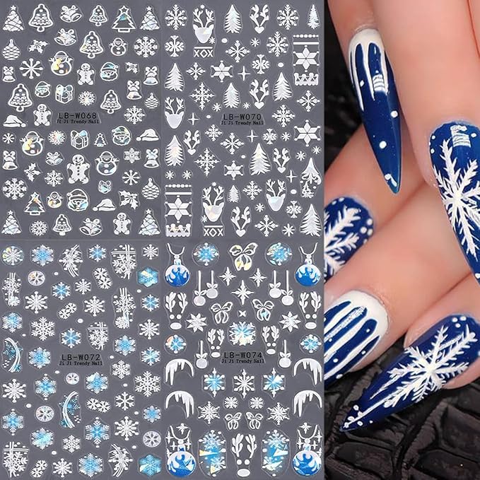 4 Sheets Christmas Nail Art Stickers - Blue Snowflake & White Reindeer Nail Decals - 3D Self-Adhesive Winter Holiday Supplies