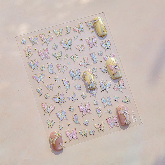 1 Sheet Gradient Butterfly Nail Stickers, Hot Stamping Design Butterfly Nail Decals, 5D Embossed Self-Adhesive Nail Design Stickers for Women DIY Spring Manicure Decoration