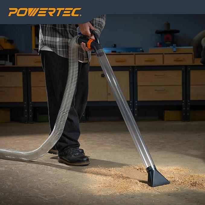 POWERTEC 2-1/2" Dust Collection Hose Floor Sweep Kit with 36" Clear Tube Extension, 3 Vacuum Nozzles, 2 Wall Mount Storage Clips, 1-1/2" Reducer Adapter (70443)