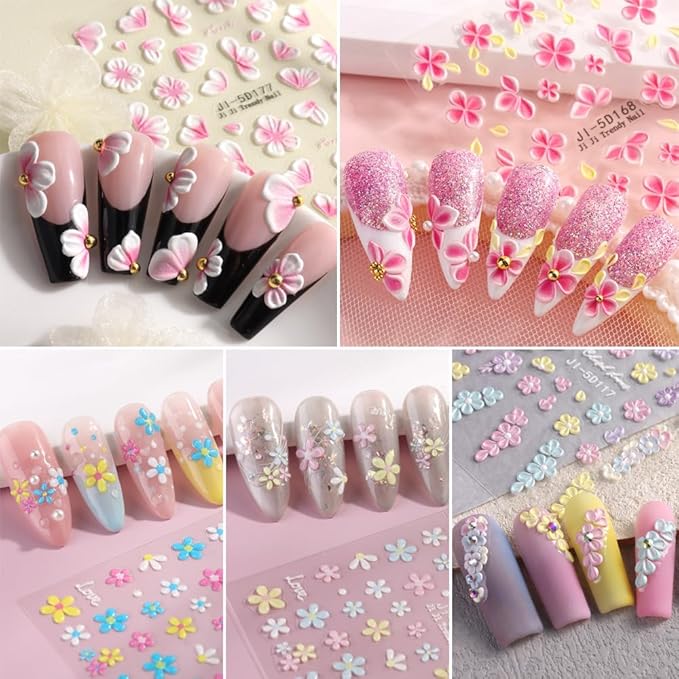 Flower Nail Art Stickers Decals 5 Sheets Pink White Colorful Summer Floral Leaf Blossom 5D Embossed Nail Decals Self-Adhesive Nails Supply Manicure Sliders for Women Girls DIY Nail Art Decorations