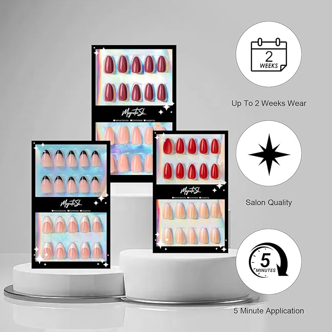 64PCS Bright Red & Vanilla Cream Press On Nails - Short Almond Fake Nails, with 2 Nail Glues, 2 Cuticle Sticks, 4 Prep Pads, 1 Nail File - Glossy Nails Kit for Daily Use