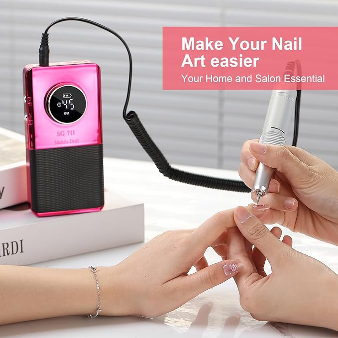Electric 45000RPM Nail Drill Machine Rechargeable Portable Nail File Electric DIY Nail Drill Kit with Smart LCD Screen for Gel Nail Manicure and Pedicure Reflective Body etc (RED)