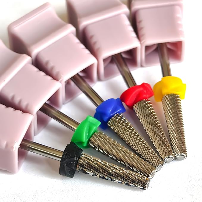 16mm 5 in 1 Nail Drill Bits for False Nail Apply, 3/32'' Tapered Tungsten Carbide Professional Bit, Slender Bit for Corners, Left & Right Hand Use, Manicure Cuticle Gel Polishing, Fine.