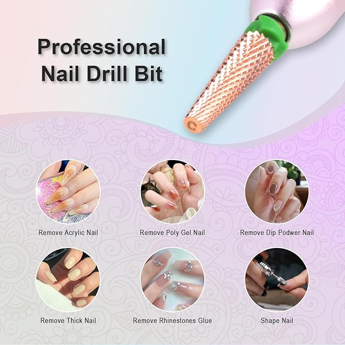 Depvko Super Long 5 in 1 Nail Drill Bits, 3/32'' Carbide Tungsten Bits, Two Way Rotate Professional Advanced Safety Bits for Nail, Fast Remove for Manicure Pedicure (Long 5in1-Rose Gold, Coarse-C)