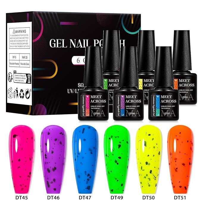 MEET ACROSS Glow in the Dark Eggshell Gel Nail Polish Set, 6 Colors Luminous Neon Gel Nail Polish Fluorescent Bright Colors Hot Pink Yellow Purple Nail Polish Soak off Nail Art Manicure Salon