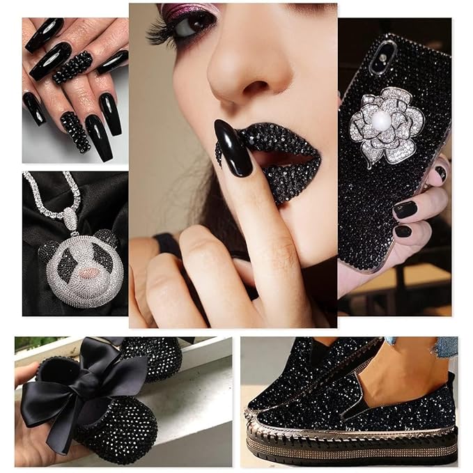 2052Pcs Black Nail Art Rhinestones Kit 72 Multi Shapes Crystal Flatback Rhinestones Gems +1980 Jet Black Round Beads Glass Stones Diamonds Jewels w Tweezer & Wax Pen for Nail Faces Eyes Makeup Crafts