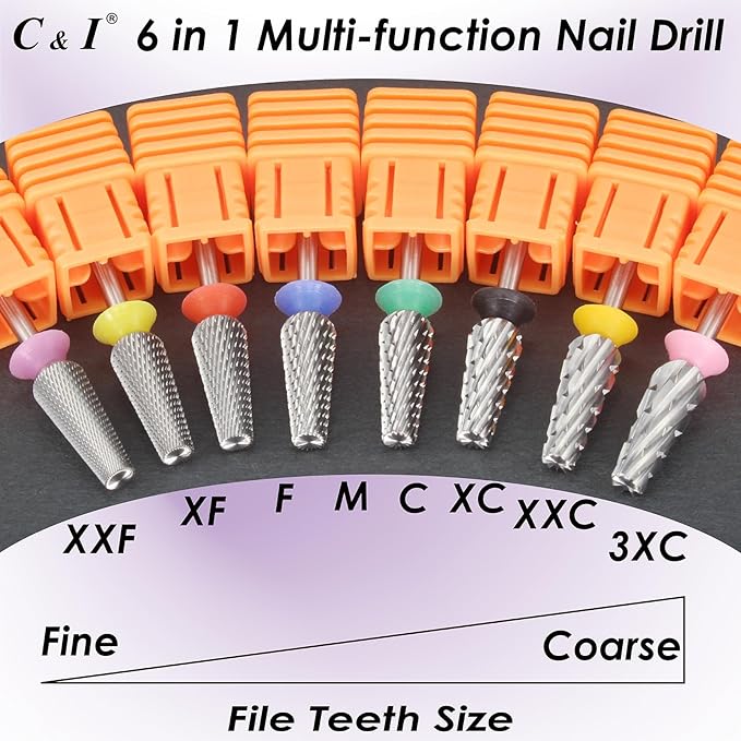C & I Nail Drill Bit 6 in 1 Multi-function Rounded End E File, Tungsten Steel CNC Overall Cutting, Manicure Tool for Nail Tech Quick Remove Nail Gels, Acrylic Nails (Original, Middle -M)