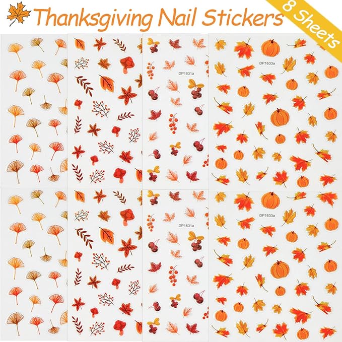 8 Sheets Fall Nail Stickers 3D Self-Adhesive Maple Leaf Nail Art Stickers for Nail Art Pumpkins Leaf Nail Design Autumn Nail Decals Thanksgiving Nail Art Supplies for Women Acrylic Nails Decoration