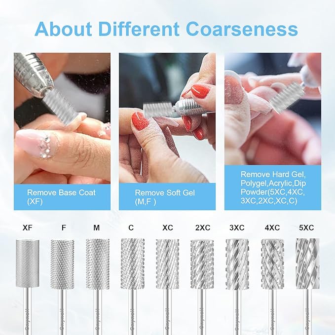 3/32" Large Barrel Bit Tungsten Carbide Nail Drill Bit Safety Bit for Gel & Acrylic Removal, 2- Way Rotating Efile Tip, Salon Electric File Accessory (2XC Girt, Silver)